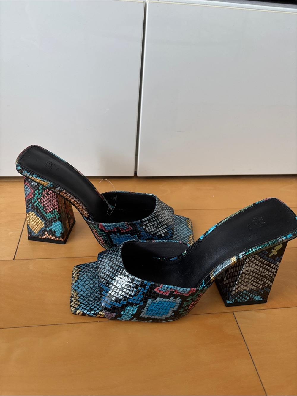 H&M Multicolor Snake-Print Block Heel Mules - Blue, Teal & Pink